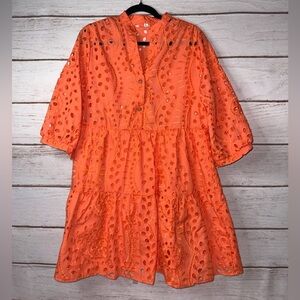 SHEIN Vibrant Orange Eyelet Long Sleeve Dress Lined Size Large Party Fall Autumn